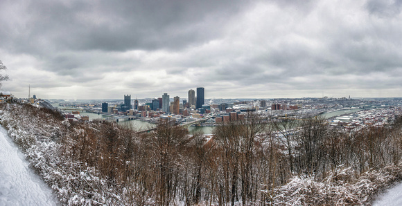 Panorama of Pittsburgh on a snowy day from Grandview Park