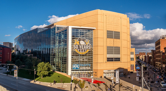 Panorama of PPG Paints Arena at sunset in Pittsburgh