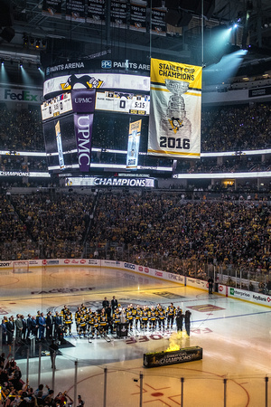 The Penguins raise their 2016 Stanley Cup Banner during the home opener at PPG Paints Arena