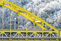 Snow covered trees backdrop the Ft. Pitt Bridge in Pittsburgh