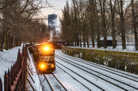 A train on the North Side of Pittsburgh in the snow