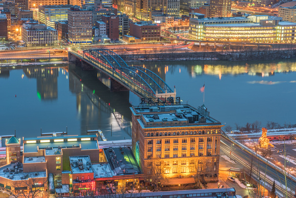 The Smithfield Street Bridge is lit up in Pittsburgh