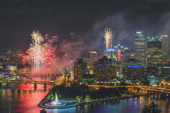 Fireworks on the river and buildings after a Pirates win in Pittsburgh