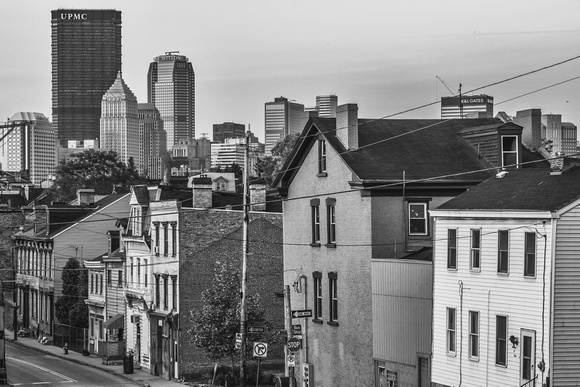 North Side houses and Pittsburgh skyline at dawn B&W