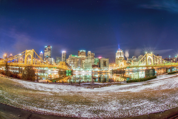 Fisheye view of the snow covered North Shore in Pittsburgh