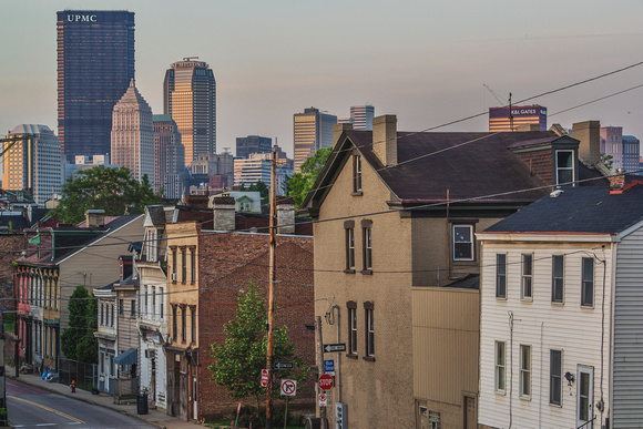 North Side houses and Pittsburgh skyline at dawn