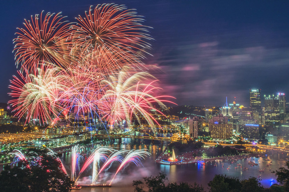 Colorful fireworks over the Pittsburgh skyline on July 4th, 2014