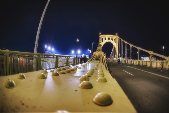 Looking along the supports of the Roberto Clemente Bridge in Pittsburgh