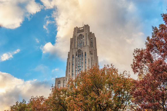 The Cathedral of Learning rises over the fall colors in Pittsburgh