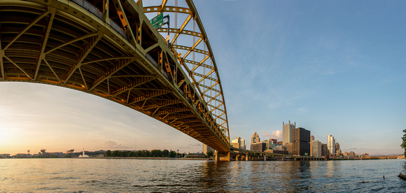 Panorama under the Ft. Pitt Bridge in Pittsburgh at sunset