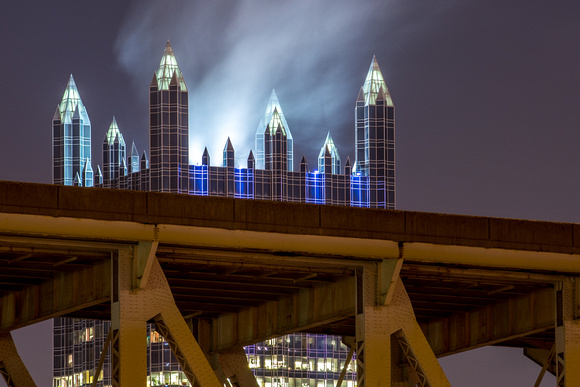 Spires shine atop PPG Place in the winter