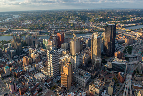 Aerial view over the top of downtown Pittsburgh