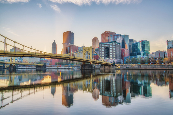 A reflection of the Pittsburgh skyline and Roberto Clemente Bridge HDR