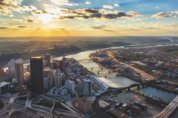 Aerial view of the sunset over Pittsburgh