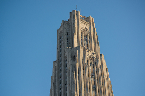 The Cathedral of Learning at sunset on the campus of the University of Pittsburgh