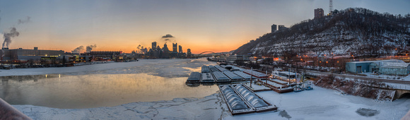 Panorama of sunrise over Pittsburgh from the West End Bridge