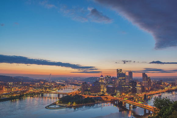 Clouds over the Pittsburgh skyline at dawn