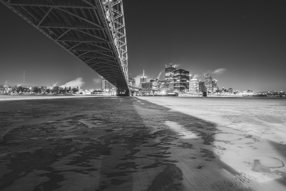 The ice covered Mon under the Ft. Pitt Bridge in Pittsburgh B&W