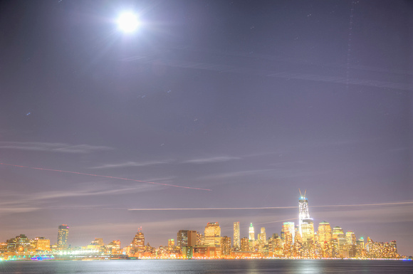 Moon over the new World Trade Center at night HDR