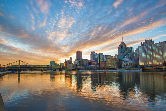 A colorful sunrise in Pittsburgh as seen from the North Shore