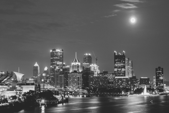 Black and white view of Pittsburgh and the Supermoon from the West End Bridge