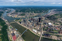 An aerial view of Pittsburgh showing the winding Monongahela and Ohio Rivers