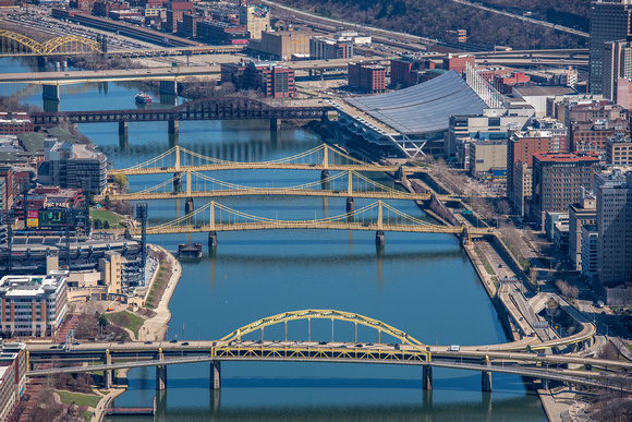An aerial view up the Allegheny River in Pittsburgh