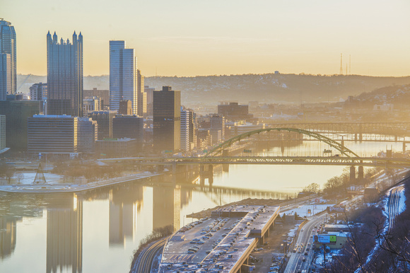 Pittsburgh glows in the morning from the West End Overlook