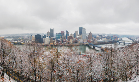 A panorama of the Pittsburgh skyline on a snowy day