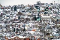 A snow covered view of the South Side Slopes in Pittsburgh