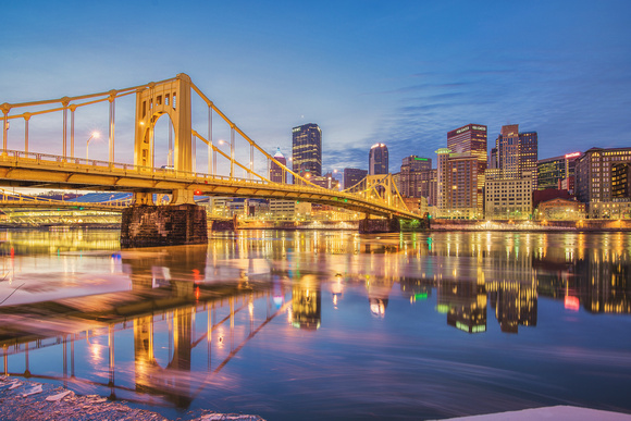 Andy Warhol Bridge before sunrise along the icy Allegheny River in Pittsburgh