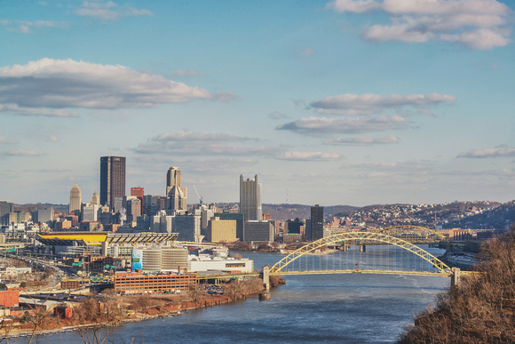 Pittsburgh skyline and the West End Bridge on a clear day