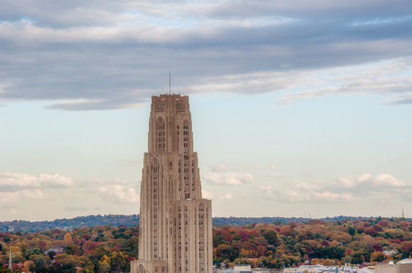 The top of the Cathedral of Learning on the campus of the University of Pittsburgh in fall