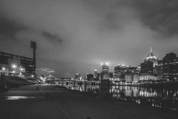 A black and white view of the North Shore and Pittsburgh skyline