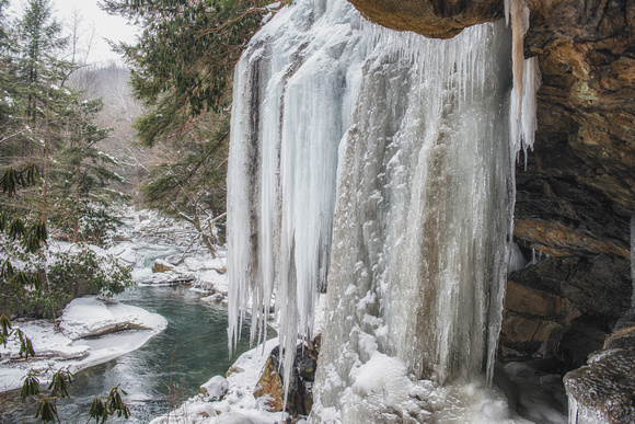 The ice hangs from a ledge by the stream at Ohiopyle State Park