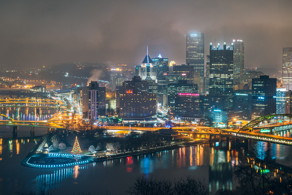 Pittsburgh skyline at night with the Christmas tree at the Point