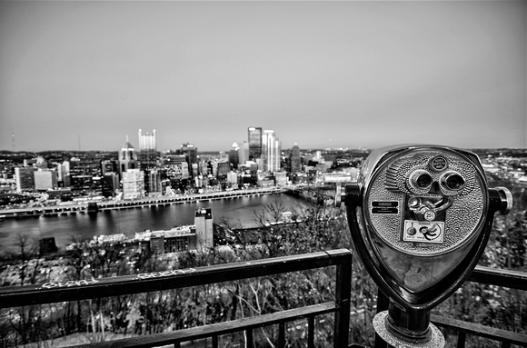 Pittsburgh skyline and viewfinder HDR B&W