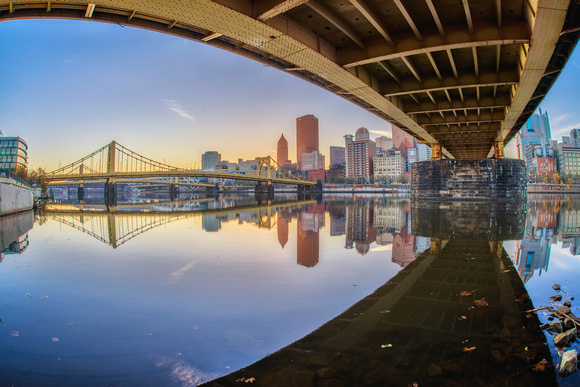 Fisheye view of the Pittsburgh skyline under the Roberto Clemente Bridge HDR