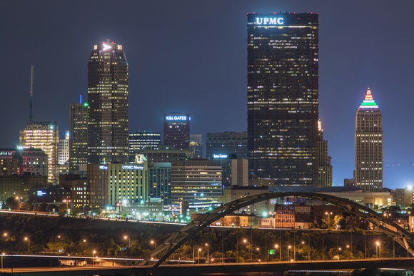 Close view of the Pittsburgh skyline from Greenfield at night