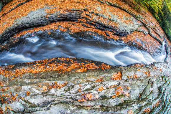 Fisheye view from above the natural rock slides at Ohiopyle State Park HDR