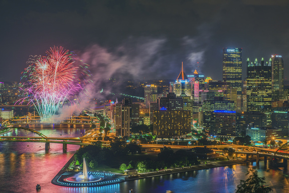Brightly colored fireworks from PNC Park in Pittsburgh