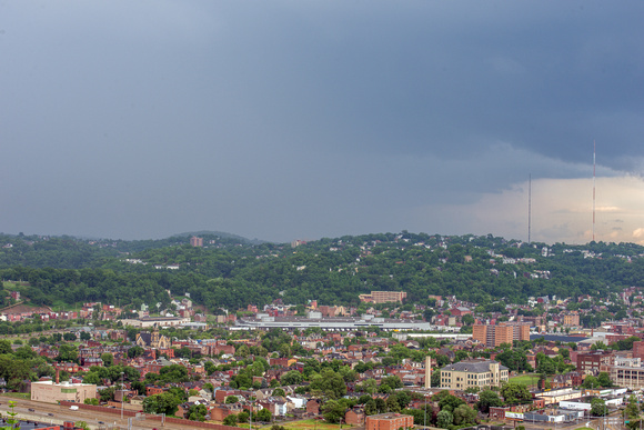 Rain falls on the North Side of Pittsburgh