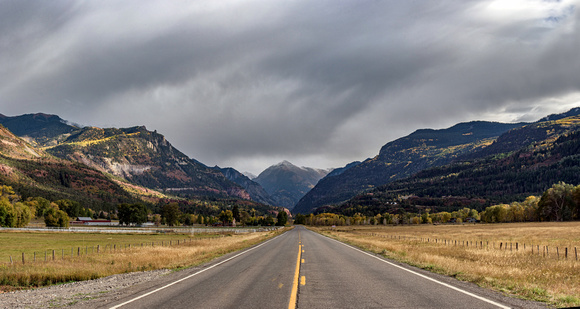 Panorama of an empty road near Ouray, Colorado in the fall