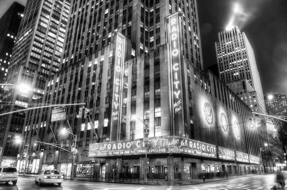 Radio City Music Hall at night in HDR B&W