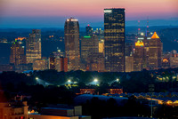 Close view of the Pittsburgh skyline at dusk from the roof of the Cathedral of Learning