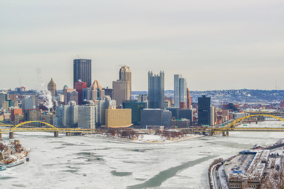 A view of the ice covered rivers in Pittsburgh from the West End Overlook