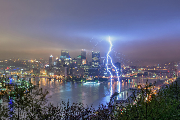 Lightning strikes the Monongahela River in Pittsburgh during a spring storm