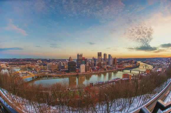 A fisheye view of the Pittsburgh skyline early in the morning from Mt. Washington