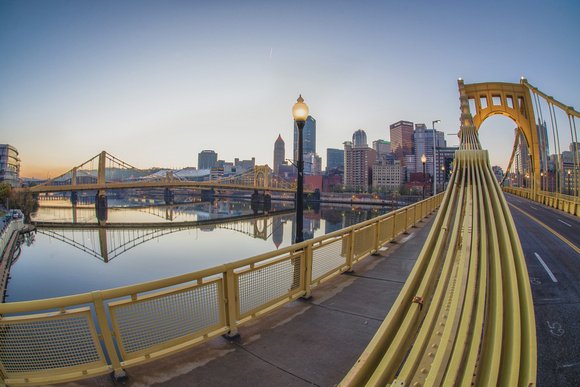 On the Roberto Clemente Bridge to see the Pittsburgh skyline HDR