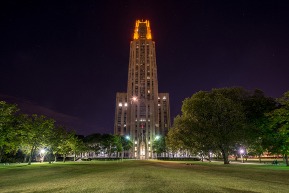 A wide angle view of the Victory Lights on the Cathedral of Learning